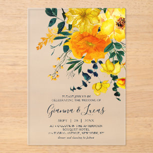 Elegant Yellow Waterverf Botanical Floral Wedding Acryl Uitnodigingen