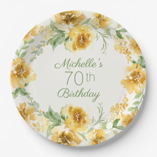 Elegant Yellow Waterverf Floral 70th Birthday P Papieren Bordje (Voorkant)