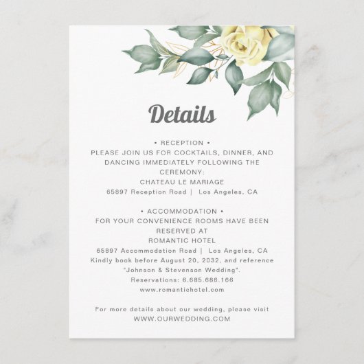 Elegant yellow waterverf rozen trouwgegevens informatiekaartje (Voorkant)