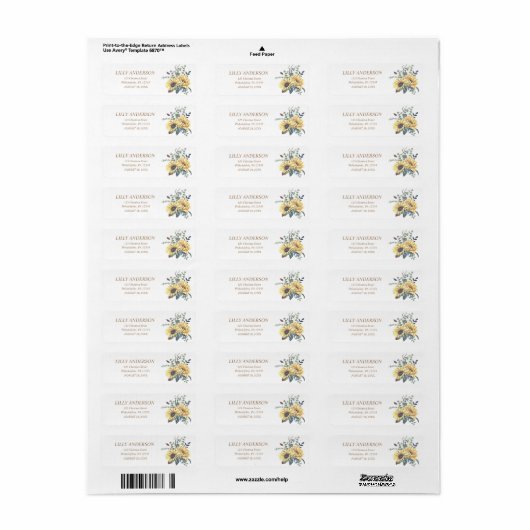 Elegant Yellow Waterverf Sunflower Sunny Etiket (Full Sheet)