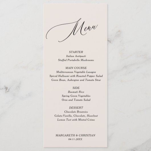 Elegant zand minimalistische bruiloft menu (Voorkant)