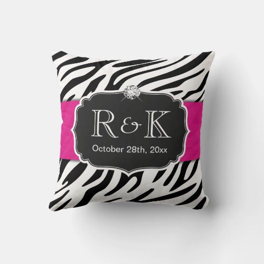 Elegant Zebra Print Hot Pink Weddenschap Initialen Kussen (Achterkant)