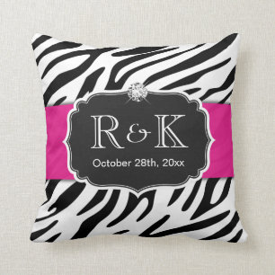 Elegant Zebra Print Hot Pink Weddenschap Initialen Kussen