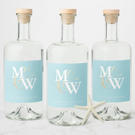 Elegant Zee Glas Blauwgroen Wit Monogram Huwelijk Likeurfles Etiket