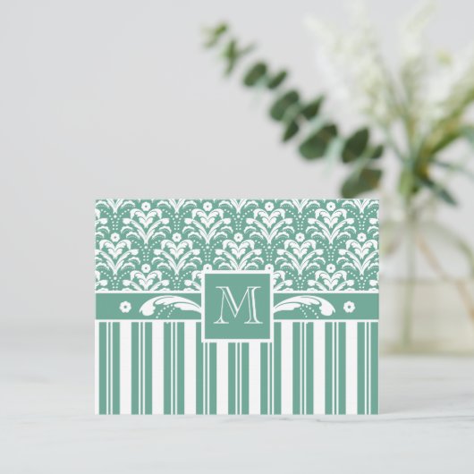 Elegant Zee Green Damask met je Monogram Briefkaart (Staand voorkant)