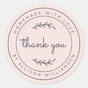 Elegant zelfgemaakt met liefde pastel roze dank u ronde sticker