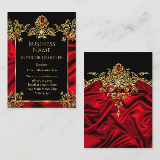 Elegant Zijde Ruby Rood gem Goud Zwart Visitekaartje (Voorkant / Achterkant)