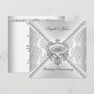 Elegant Zilver 25e Huwelijksjubileum Damast Kaart