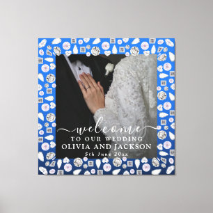 Elegant Zilver Blauw Hart Diamant Glitter Bruiloft Canvas Afdruk