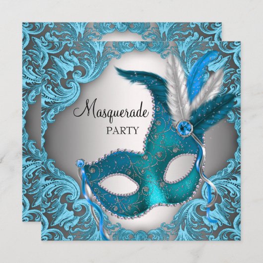Elegant Zilver Blauwgroen Blauw Masquerade Party Kaart (Voorkant / Achterkant)