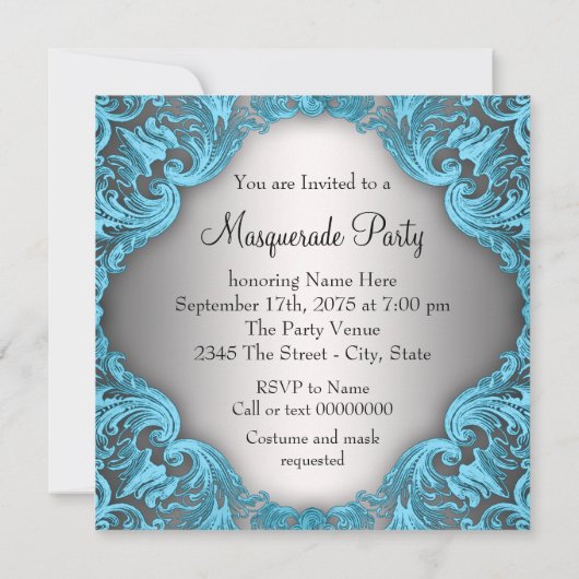 Elegant Zilver Blauwgroen Blauw Masquerade Party Kaart (Achterkant)