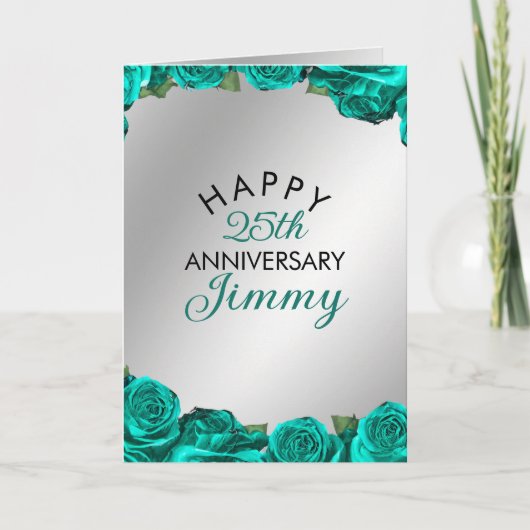 Elegant Zilver Blauwgroen Rozen Man 25e Jubileum Kaart (Voorkant)