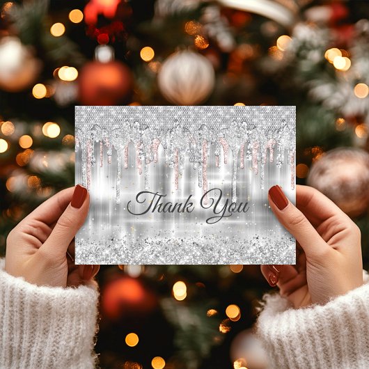 Elegant zilver druipende glinster monogram bedankkaart