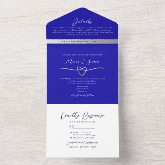 Elegant Zilver en Koninklijk Blauw Bruiloft All In One Uitnodiging (Binnen)