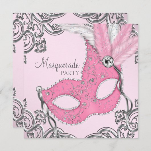 Elegant Zilver en Roze Masquerade Party Kaart (Voorkant / Achterkant)
