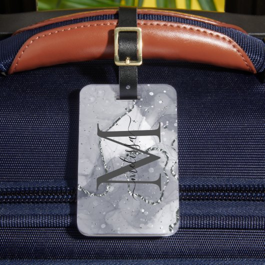 Elegant zilver en zwart monogram bagagelabel (Voorkant Insitu 2)