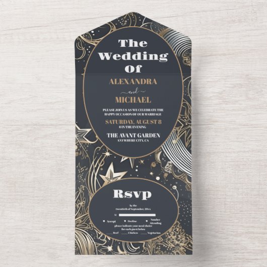 Elegant Zilver Goud Hemels Huwelijk All In One Uitnodiging (Binnen)