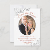 Elegant zilver & koraal op witte trouwfoto save the date (Voorkant)