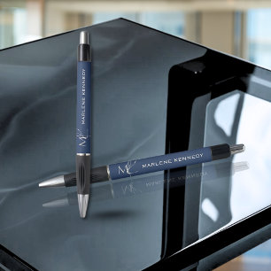 Elegant zilver monogram navyblauw logo pen