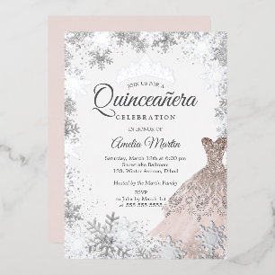Elegant Zilver Roze Winter Sneeuwvlok Quinceanera Folie Uitnodiging