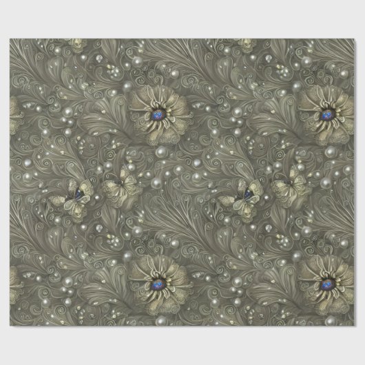 Elegant zilverachtig grijs, blauw & ivoor bloemen cadeaupapier (Vlak)