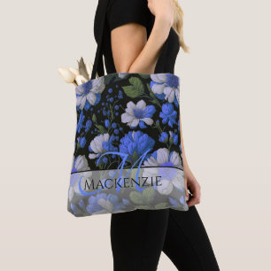 Elegant zilveren blauw wit elegante retro bloemen draagtas