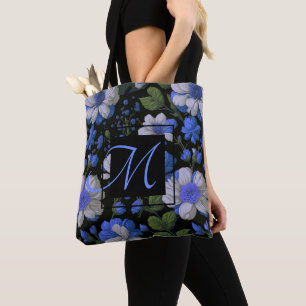Elegant zilveren blauw wit elegante retro bloemen draagtas