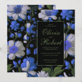 Elegant zilveren blauw wit elegante retro bloemen kaart (Voorkant / Achterkant)