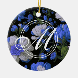 Elegant zilveren blauw wit elegante retro bloemen keramisch ornament