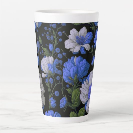 Elegant zilveren blauw wit elegante retro bloemen latte mok (Voorkant)