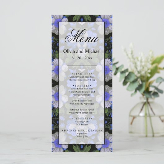 Elegant zilveren blauw wit elegante retro bloemen menu (Staand voorkant)