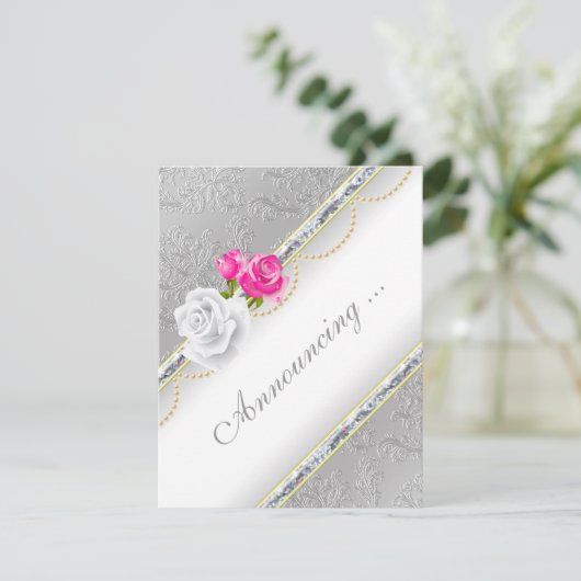 Elegant zilveren damast en roze rose Verloving Aankondiging (Staand voorkant)