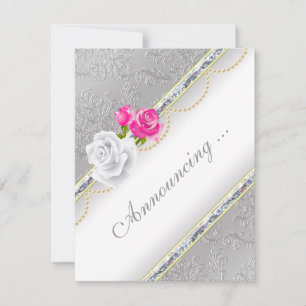 Elegant zilveren damast en roze rose Verloving Aankondiging