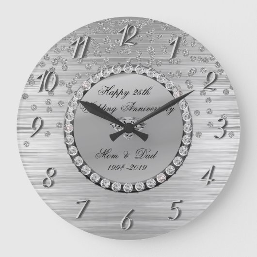 Elegant Zilveren Diamanten 25ste Huwelijksverjaard Grote Klok (Voorkant)