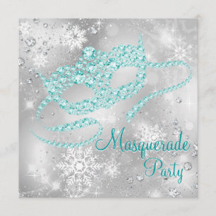 Elegant zilveren en turkooizen masqueradefeest kaart