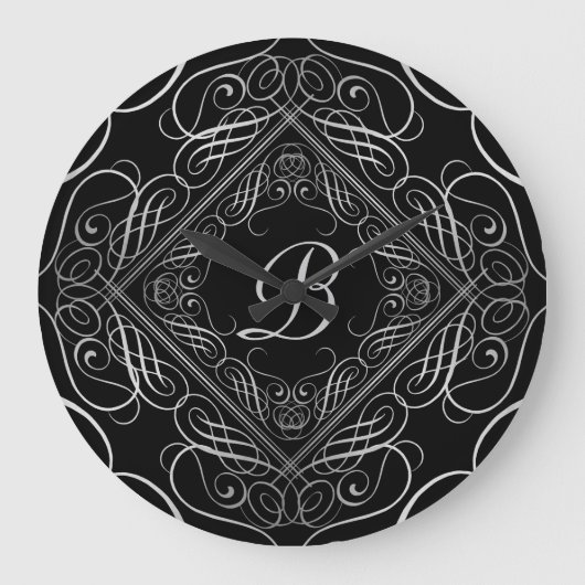 Elegant zilveren folie look filigraan scrollwork z grote klok (Voorkant)