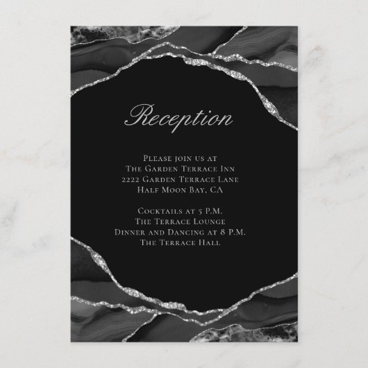 Elegant zilveren folie zwart agaat bruiloft recept informatiekaartje (Voorkant)