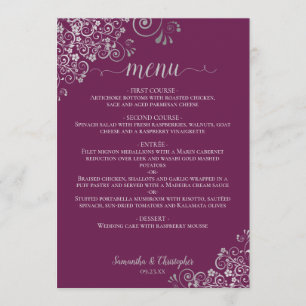 Elegant zilveren kant franjes cassis Paarse bruilo Menu