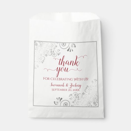 Elegant zilveren kant & rood script bruiloft dank bedankzakje (Voorkant)