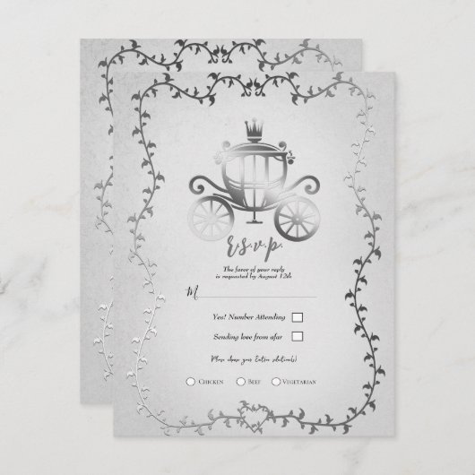 Elegant zilveren koets verhalenboek bruiloft RSVP Kaart (Voorkant / Achterkant)