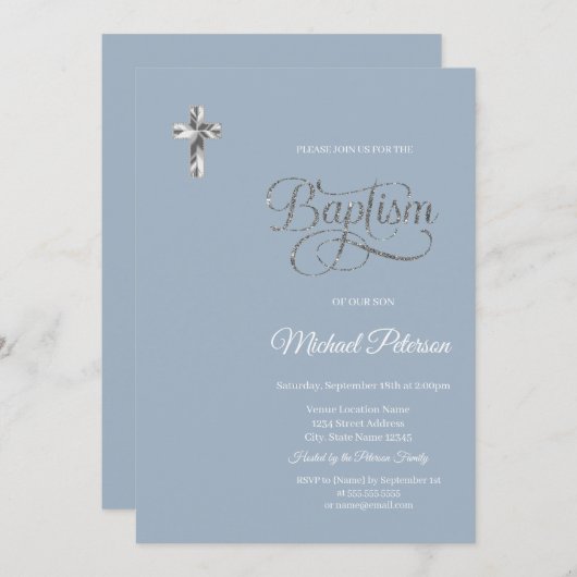 Elegant Zilveren Kruis Dusty Blue Kaart (Voorkant / Achterkant)