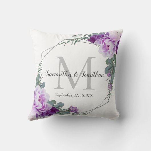 Elegant zilveren Paarse bloemenbruiloft Sierkussen (Achterkant)