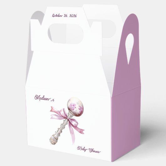 Elegant Zilveren Roze Rattle Bow Baby shower Bedankdoosjes (Geopend)
