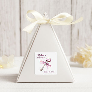 Elegant Zilveren Roze Rattle Bow Baby shower Vierkante Sticker