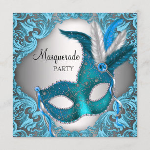 Elegant zilveren turquoise blauwe gemaskerde bal kaart