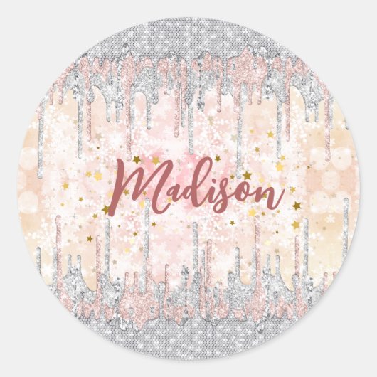 Elegant zilvergoud roos druppelen glitter ronde sticker (Voorkant)