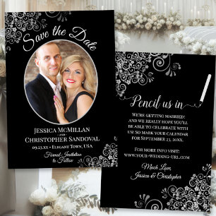 Elegant zilvergrijs & zwart bruiloft foto Fancy Save The Date
