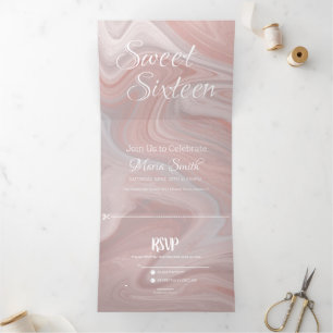 Elegant zoet vloeibaar marmer   Agaat Blush Pink Drieluik Uitnodiging