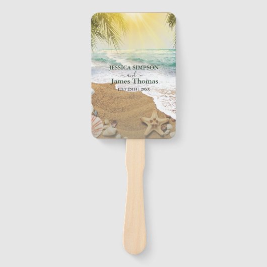 Elegant zonneschijn en blauw oceaanstrand handwaaier (Voorkant)