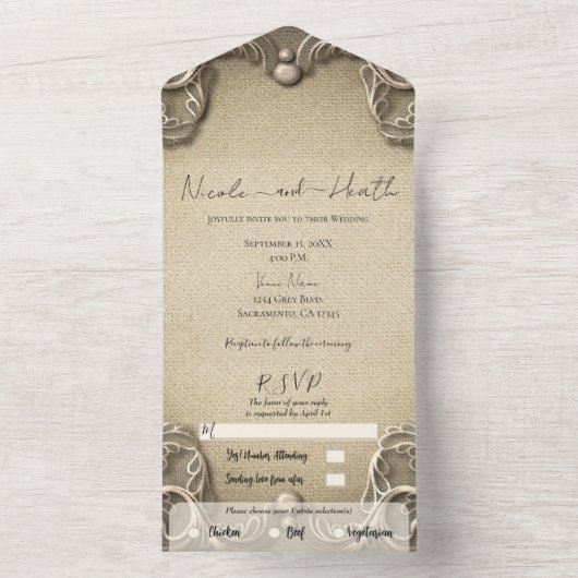 Elegant  Zuid-Charm Burlap Wedding All In One Uitnodiging (Binnen)